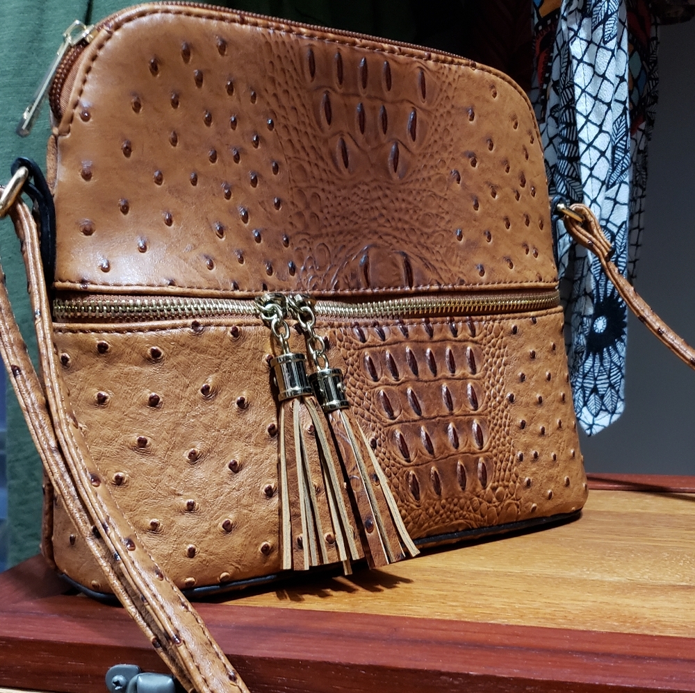 Brown Faux Peacock Cross Body Purse with Gold Hardware and multiple pockets